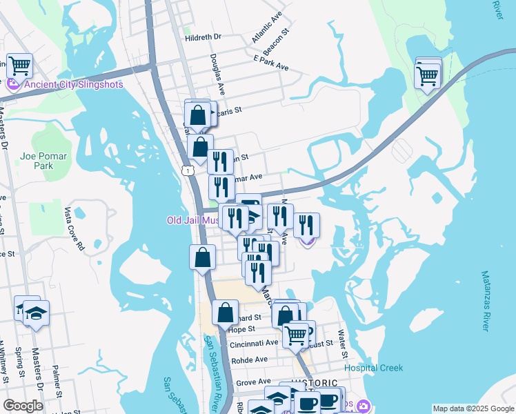 map of restaurants, bars, coffee shops, grocery stores, and more near 15 Estey Street in St. Augustine