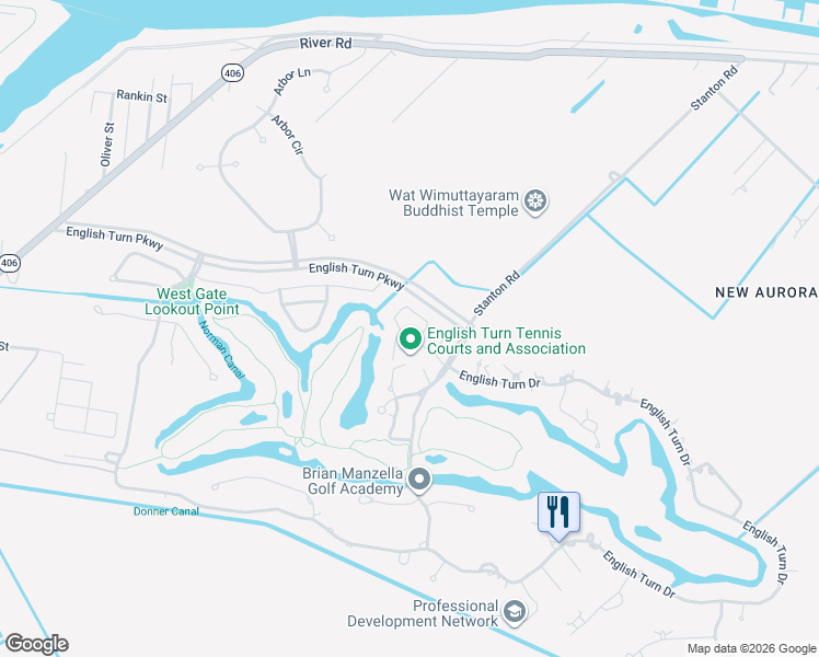 map of restaurants, bars, coffee shops, grocery stores, and more near 4 Lakeway Court in New Orleans