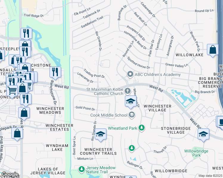 map of restaurants, bars, coffee shops, grocery stores, and more near 9318 Tepee Trail in Houston