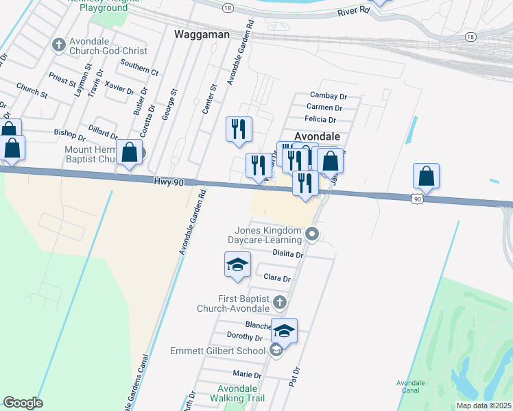 map of restaurants, bars, coffee shops, grocery stores, and more near 180 Rosalie Drive in Avondale