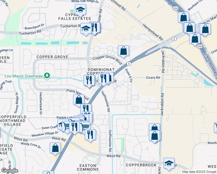 map of restaurants, bars, coffee shops, grocery stores, and more near 9040 Highway 6 North in Houston