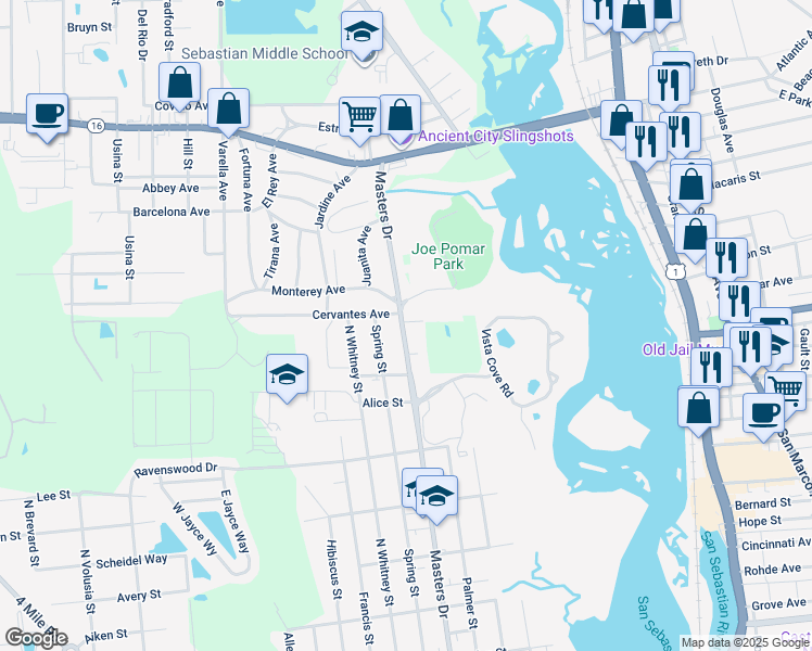 map of restaurants, bars, coffee shops, grocery stores, and more near 1600 Masters Drive in St. Augustine
