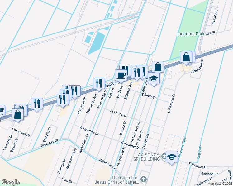 map of restaurants, bars, coffee shops, grocery stores, and more near 77 Wade Street in Luling