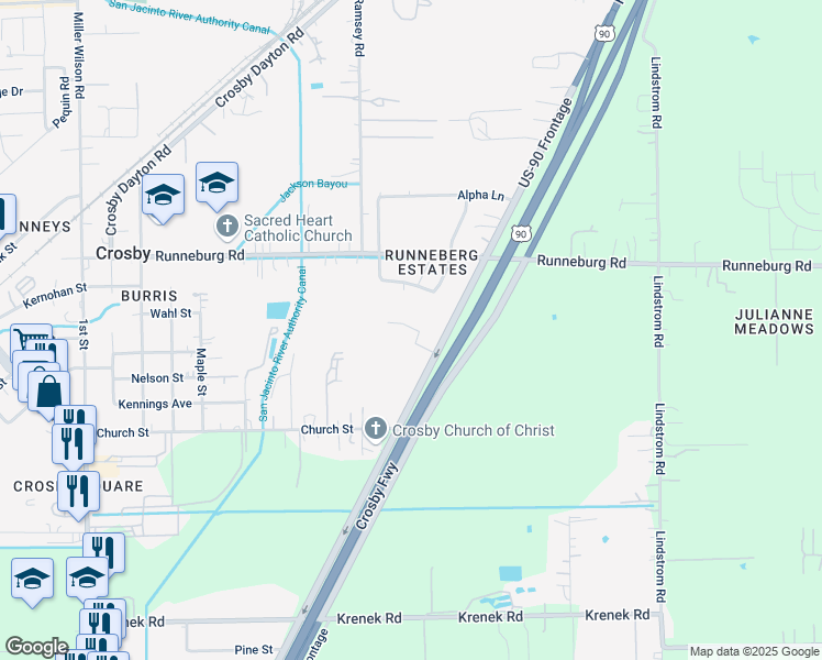 map of restaurants, bars, coffee shops, grocery stores, and more near 1326 Gamma Avenue in Crosby