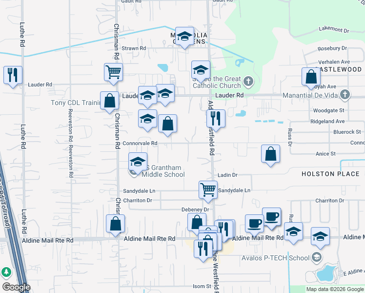 map of restaurants, bars, coffee shops, grocery stores, and more near 1805 Connorvale Road in Houston