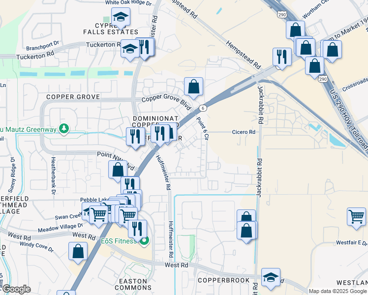 map of restaurants, bars, coffee shops, grocery stores, and more near Unnamed Road in Houston