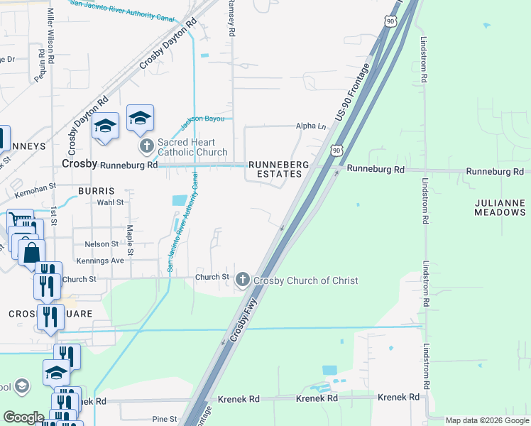 map of restaurants, bars, coffee shops, grocery stores, and more near 4015 U.S. 90 in Crosby