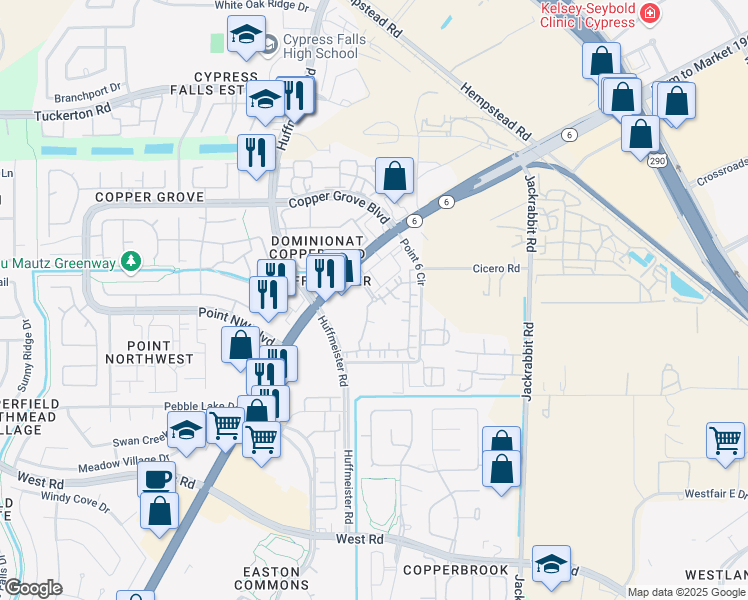 map of restaurants, bars, coffee shops, grocery stores, and more near 9140 Highway 6 North in Houston