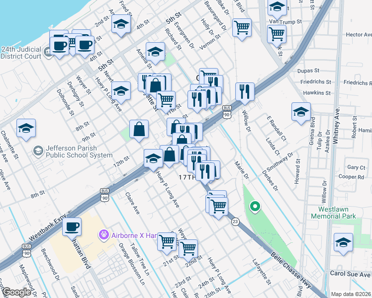 map of restaurants, bars, coffee shops, grocery stores, and more near in Gretna