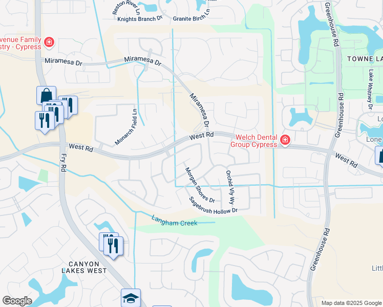 map of restaurants, bars, coffee shops, grocery stores, and more near 20011 New Sunrise Trail in Cypress