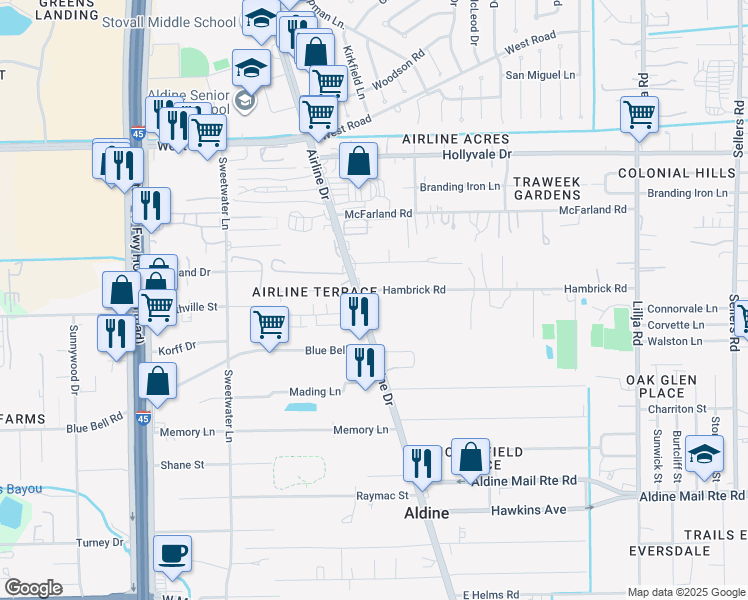 map of restaurants, bars, coffee shops, grocery stores, and more near in Aldine