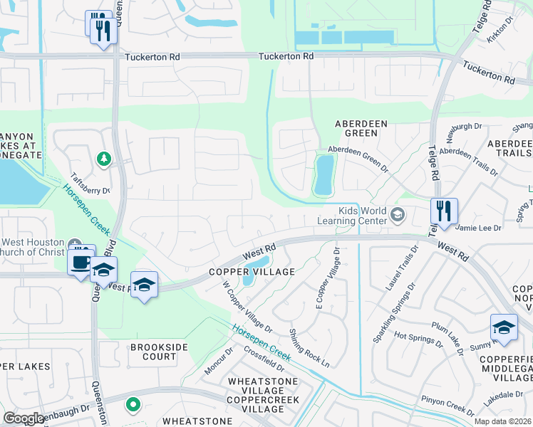 map of restaurants, bars, coffee shops, grocery stores, and more near 9206 Carlin Bend Lane in Houston