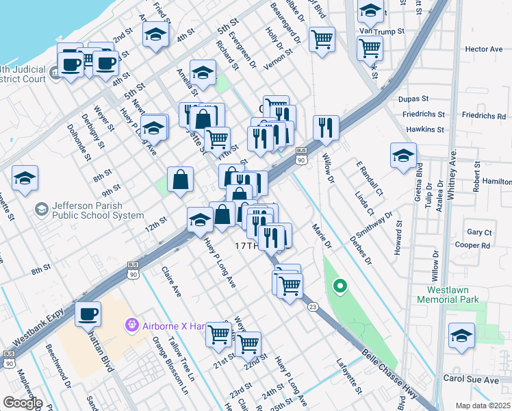 map of restaurants, bars, coffee shops, grocery stores, and more near in Gretna