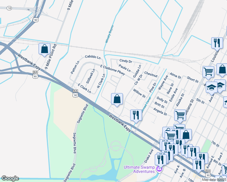 map of restaurants, bars, coffee shops, grocery stores, and more near 9001 South Chante Court in Bridge City