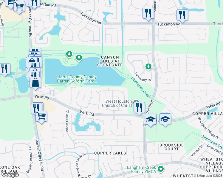 map of restaurants, bars, coffee shops, grocery stores, and more near 17302 Mossbriar Lane in Houston