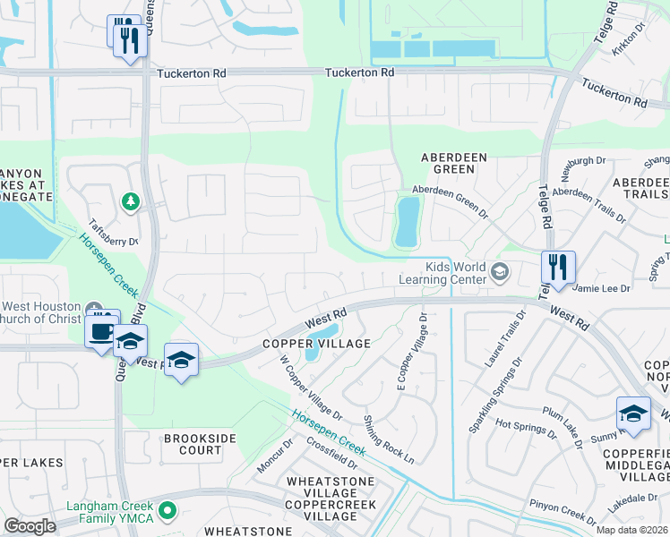 map of restaurants, bars, coffee shops, grocery stores, and more near 9206 Carlin Bend Lane in Houston