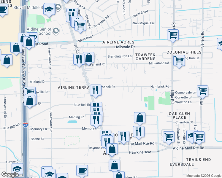 map of restaurants, bars, coffee shops, grocery stores, and more near 135 Hambrick Road in Houston
