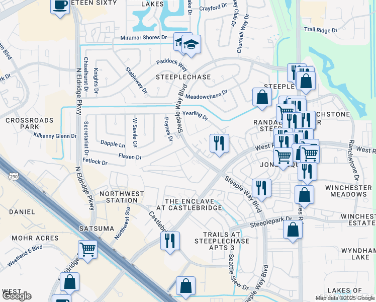 map of restaurants, bars, coffee shops, grocery stores, and more near 11910 Thoroughbred Drive in Houston