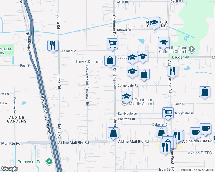 map of restaurants, bars, coffee shops, grocery stores, and more near 13527 Chrisman Road in Houston