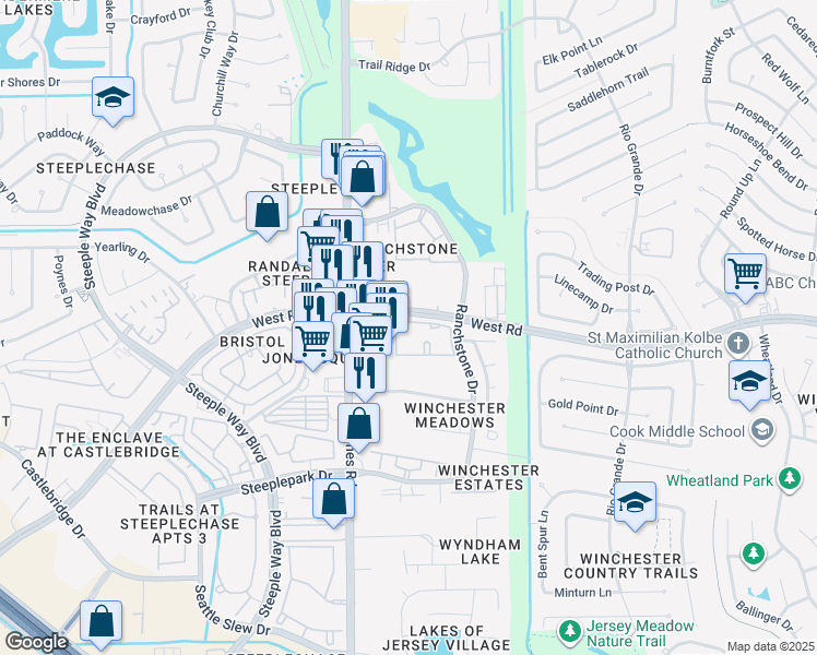 map of restaurants, bars, coffee shops, grocery stores, and more near 10910 West Road in Houston