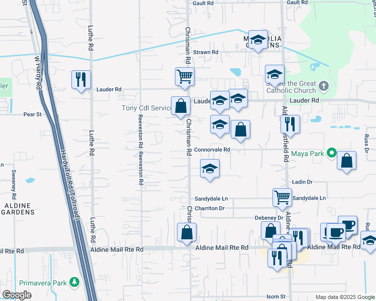 map of restaurants, bars, coffee shops, grocery stores, and more near 13527 Chrisman Road in Houston