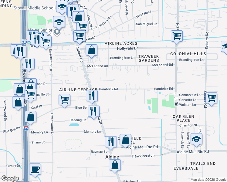 map of restaurants, bars, coffee shops, grocery stores, and more near 135 Hambrick Road in Houston