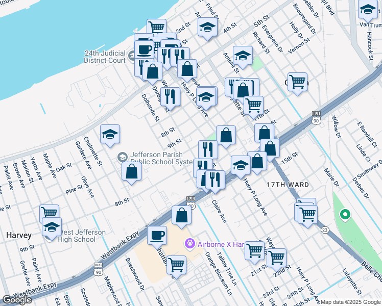 map of restaurants, bars, coffee shops, grocery stores, and more near 930 Derbigny Street in Gretna