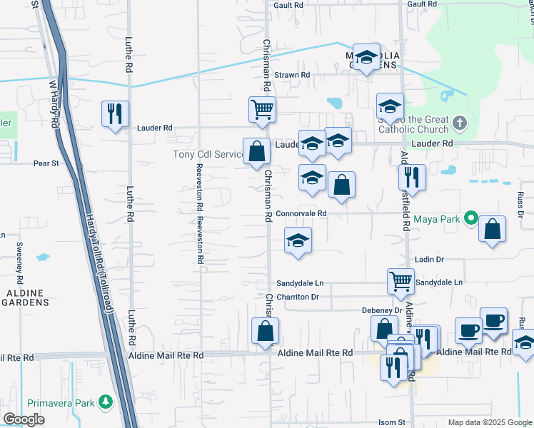 map of restaurants, bars, coffee shops, grocery stores, and more near 13527 Chrisman Road in Houston