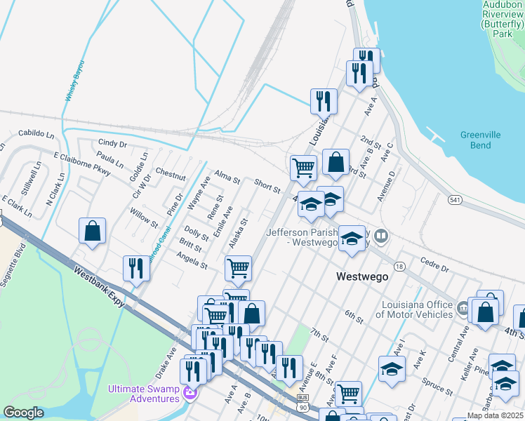 map of restaurants, bars, coffee shops, grocery stores, and more near 30 Norton Street in Westwego