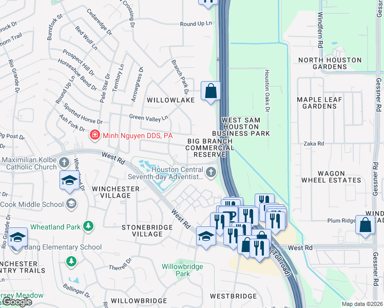 map of restaurants, bars, coffee shops, grocery stores, and more near 9531 Willowlake Park Drive in Houston