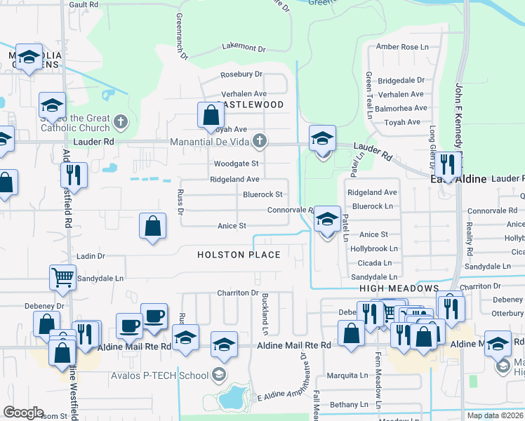 map of restaurants, bars, coffee shops, grocery stores, and more near 2806 Bluerock Street in Houston