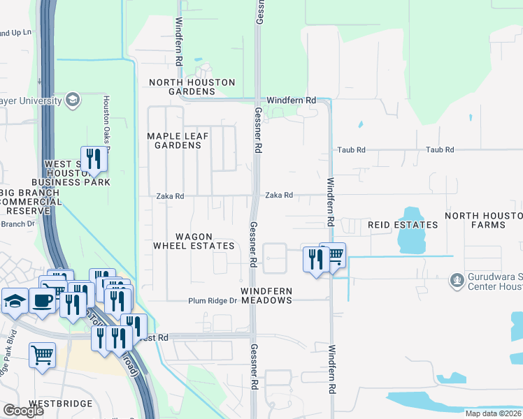 map of restaurants, bars, coffee shops, grocery stores, and more near 9535 Zaka Road in Houston