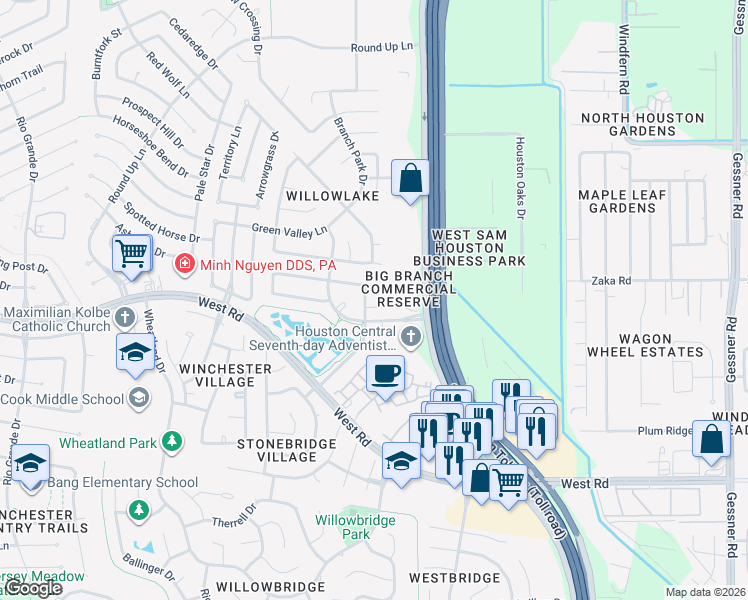 map of restaurants, bars, coffee shops, grocery stores, and more near 9531 Willowlake Park Drive in Houston