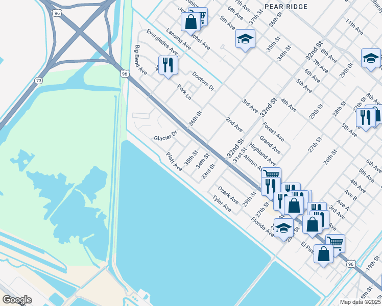 map of restaurants, bars, coffee shops, grocery stores, and more near 2748 36th Street in Port Arthur