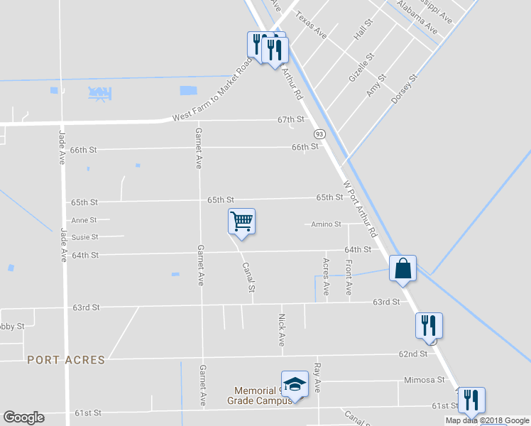 map of restaurants, bars, coffee shops, grocery stores, and more near 2486 65th Street in Port Arthur