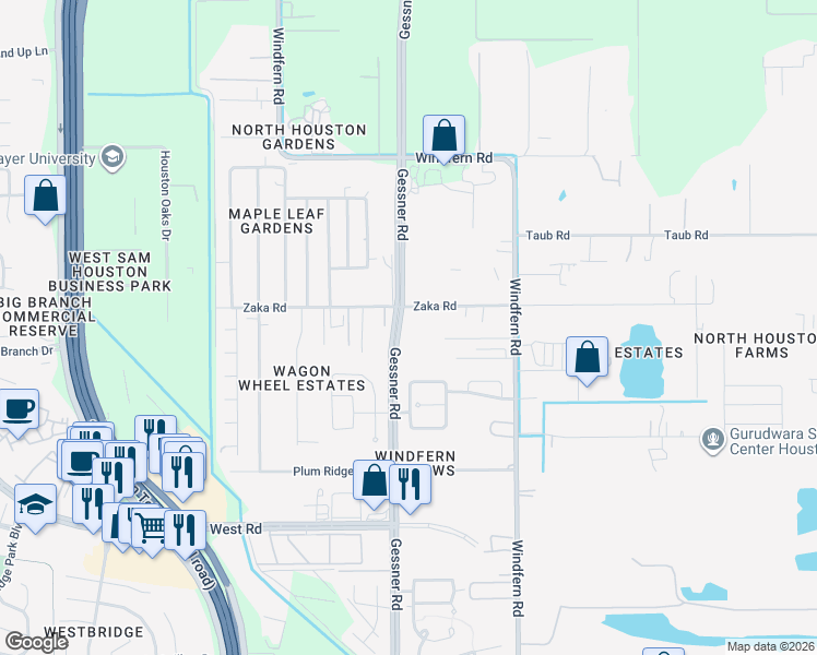 map of restaurants, bars, coffee shops, grocery stores, and more near 9535 Zaka Road in Houston