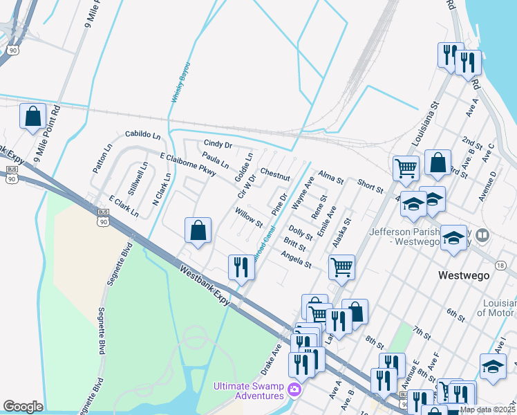 map of restaurants, bars, coffee shops, grocery stores, and more near 130 Sycamore Loop in Westwego