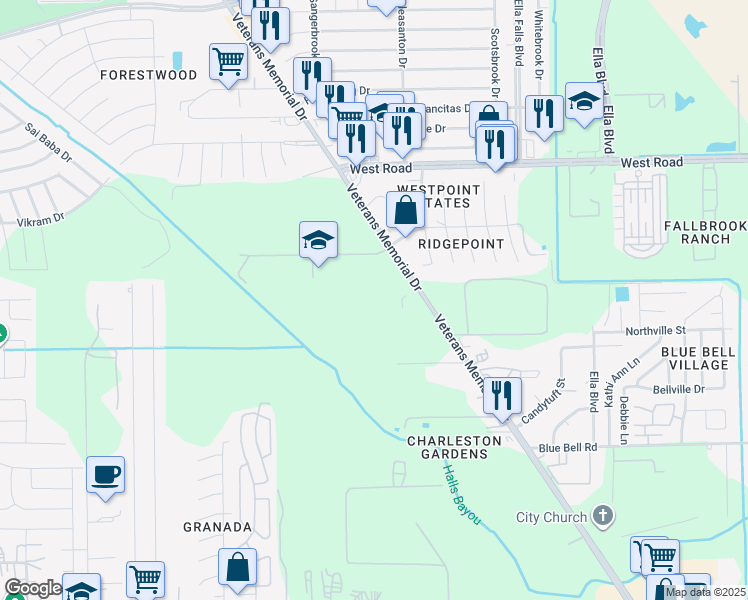 map of restaurants, bars, coffee shops, grocery stores, and more near 9999 Veterans Memorial Drive in Houston