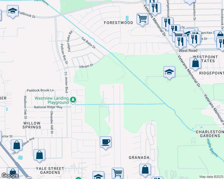 map of restaurants, bars, coffee shops, grocery stores, and more near 12321 Lynda Drive in Houston