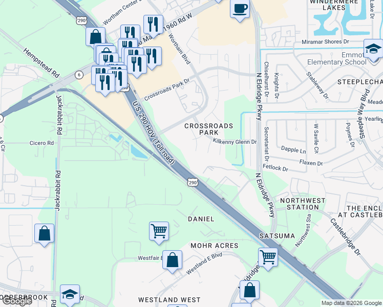 map of restaurants, bars, coffee shops, grocery stores, and more near 12510 Castlestone Drive in Houston