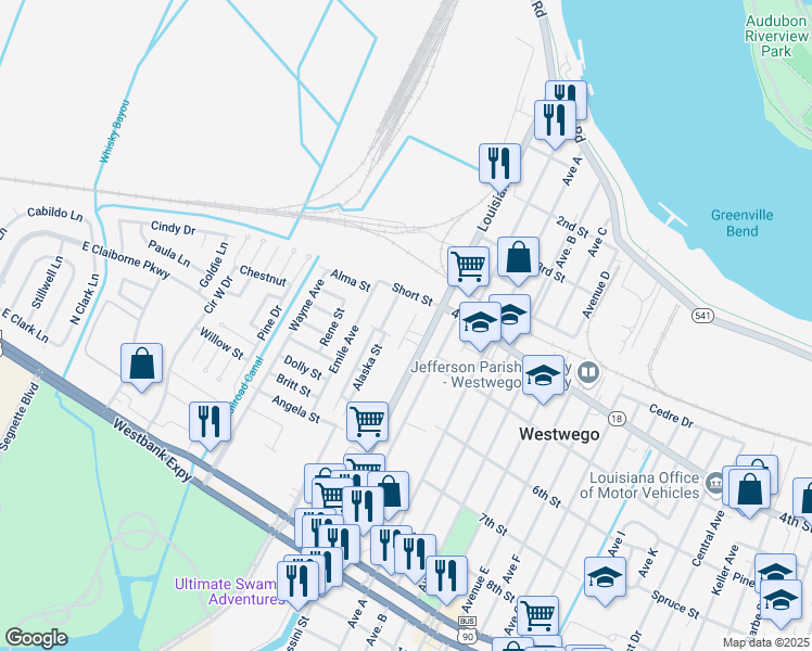 map of restaurants, bars, coffee shops, grocery stores, and more near 30 Norton Street in Westwego