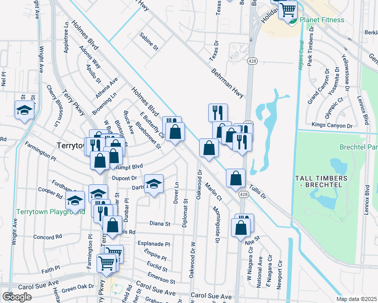 map of restaurants, bars, coffee shops, grocery stores, and more near 548 Holmes Boulevard in Gretna