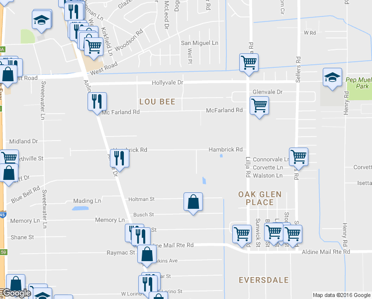 map of restaurants, bars, coffee shops, grocery stores, and more near 187 Hambrick Road in Houston