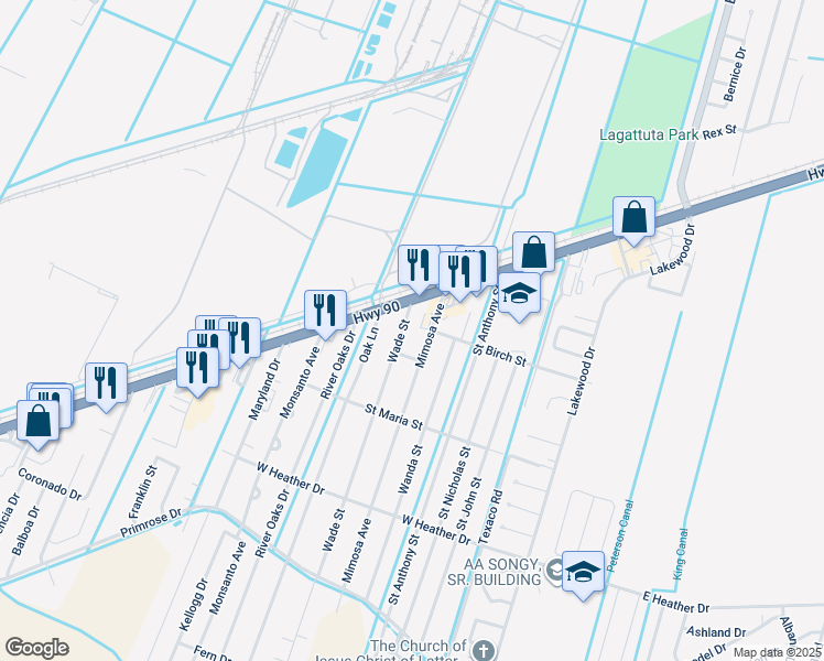 map of restaurants, bars, coffee shops, grocery stores, and more near 77 Wade Street in Luling