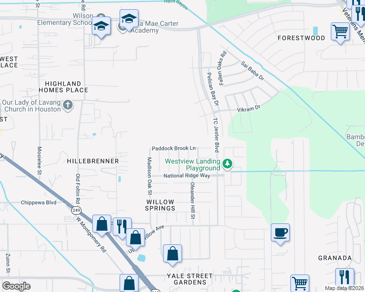 map of restaurants, bars, coffee shops, grocery stores, and more near 2806 Paddock Brook Lane in Houston