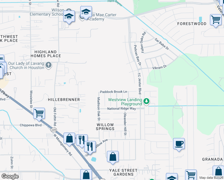 map of restaurants, bars, coffee shops, grocery stores, and more near 2862 Paddock Brook Lane in Houston