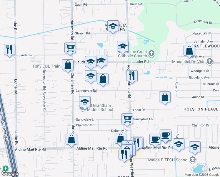 map of restaurants, bars, coffee shops, grocery stores, and more near 1805 Connorvale Road in Houston