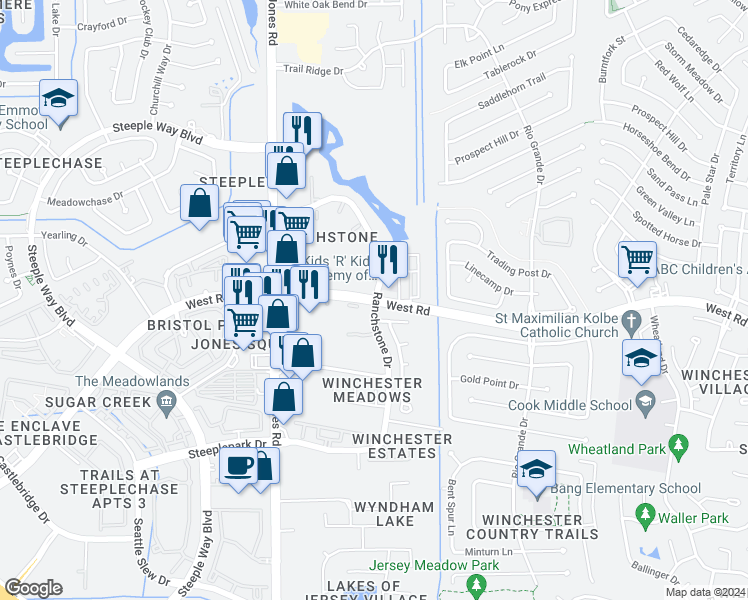 map of restaurants, bars, coffee shops, grocery stores, and more near 10850 West Road in Houston