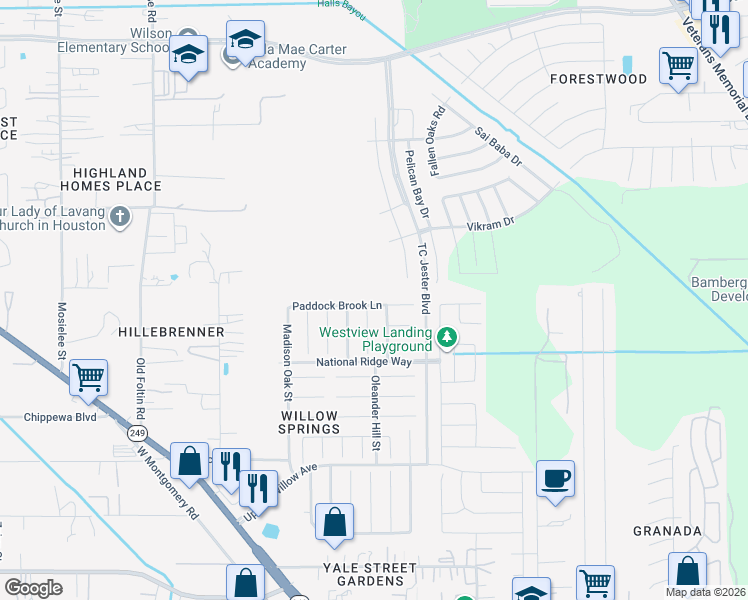 map of restaurants, bars, coffee shops, grocery stores, and more near 2806 Paddock Brook Lane in Houston