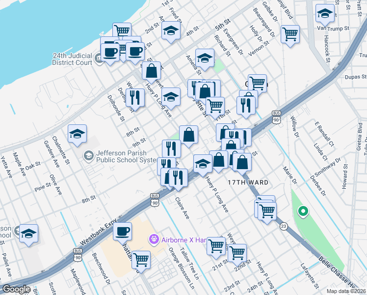 map of restaurants, bars, coffee shops, grocery stores, and more near 1118 Huey P Long Avenue in Gretna